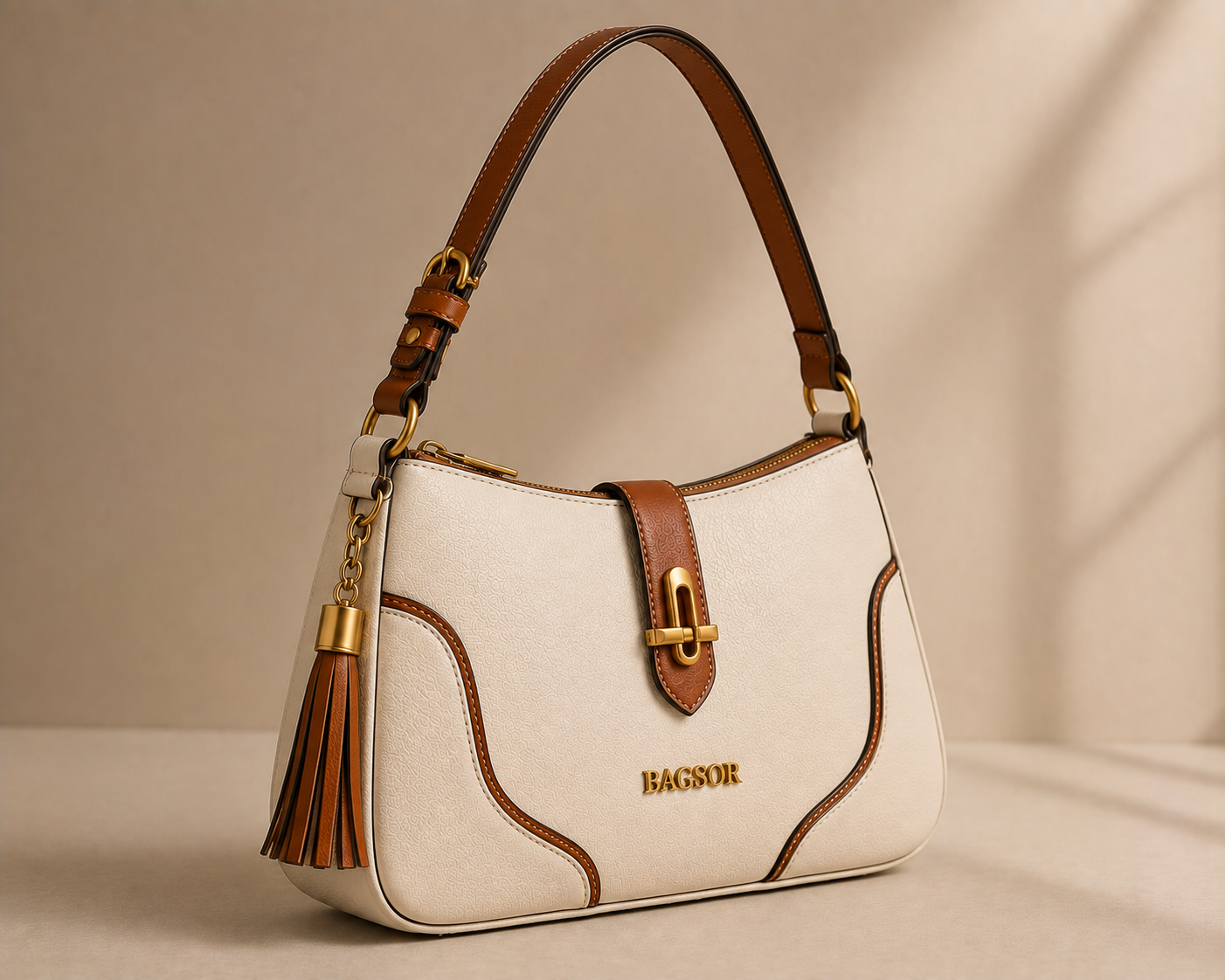 Cream & Tan Two-Tone Shoulder Bag with Tassel Detail Bagsor