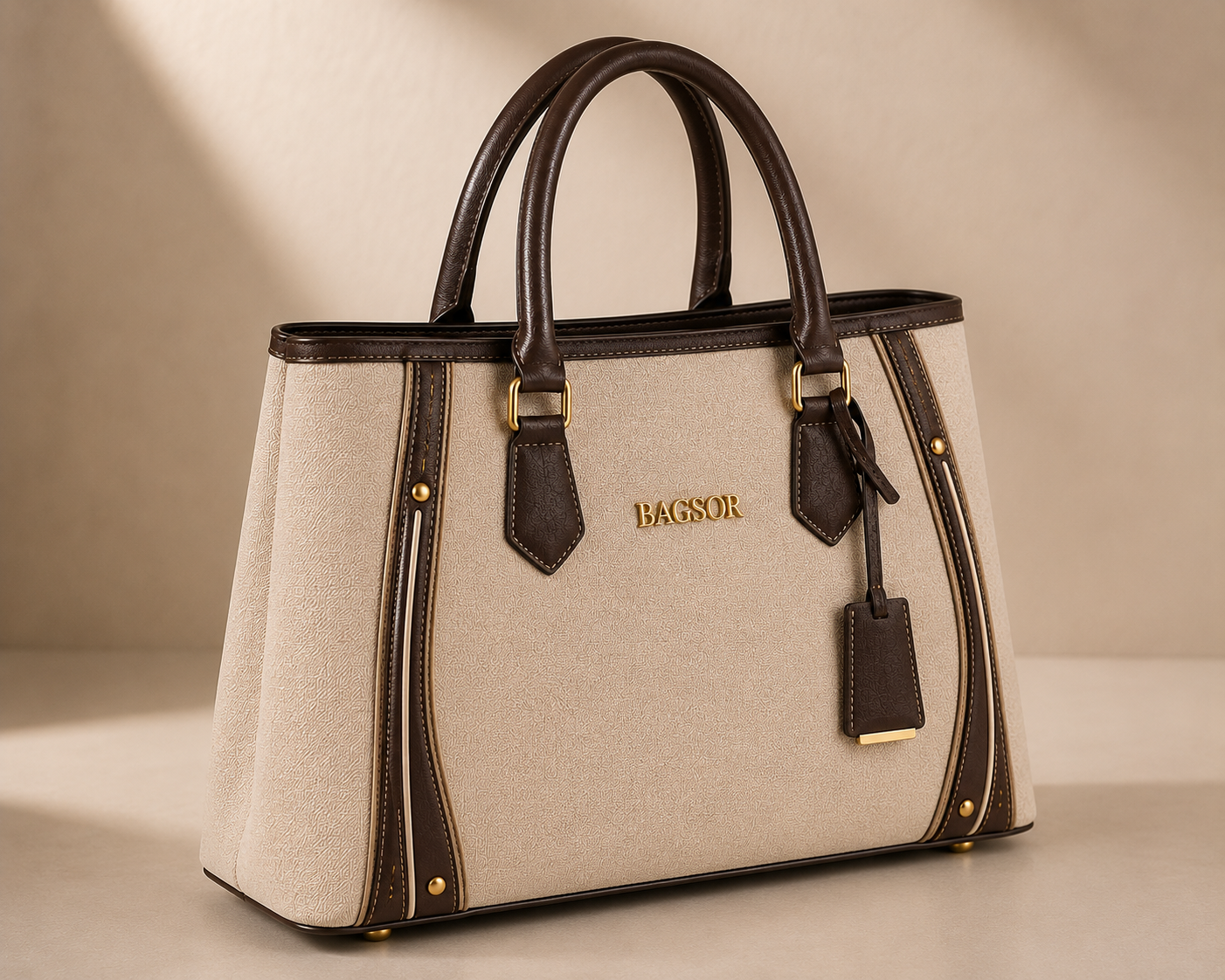 Cream & Brown Structured Handbag with Double Handles Bagsor