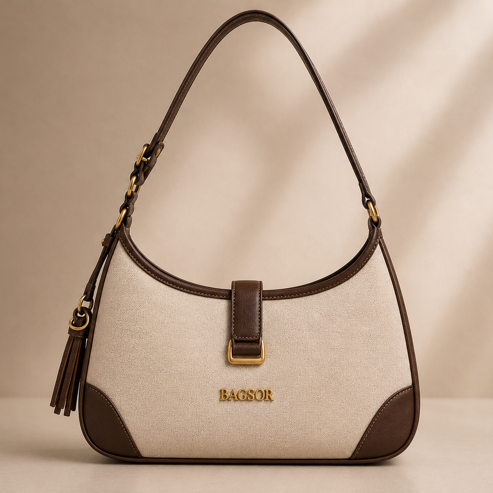 Cream & Brown Two-Tone Shoulder Bag with Tassel Detail Bagsor