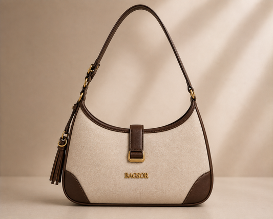 Cream & Brown Two-Tone Shoulder Bag with Tassel Detail Bagsor