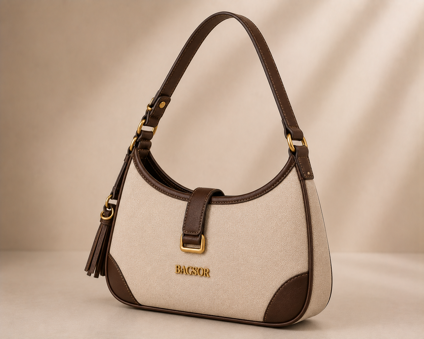 Cream & Brown Two-Tone Shoulder Bag with Tassel Detail Bagsor