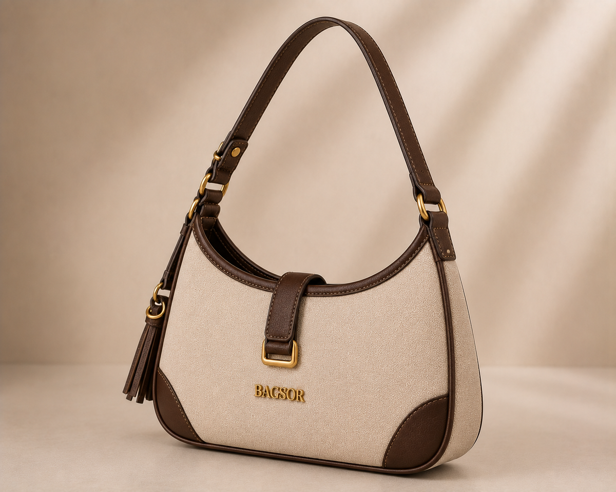 Cream & Brown Two-Tone Shoulder Bag with Tassel Detail Bagsor