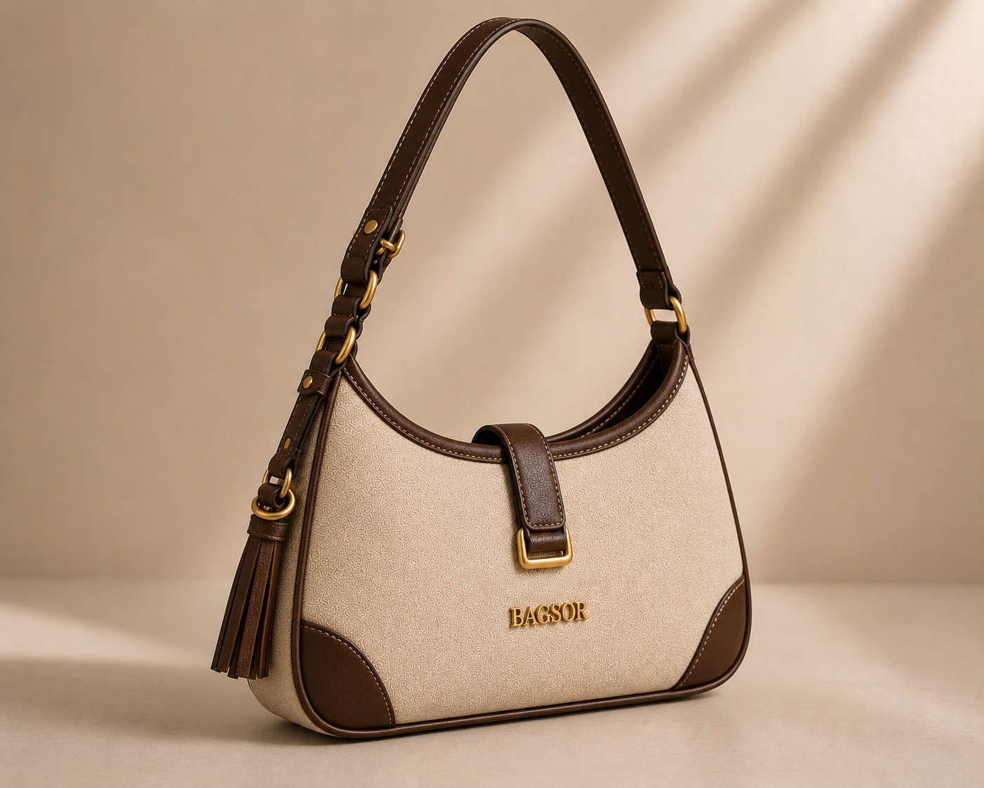 Cream & Brown Two-Tone Shoulder Bag with Tassel Detail Bagsor