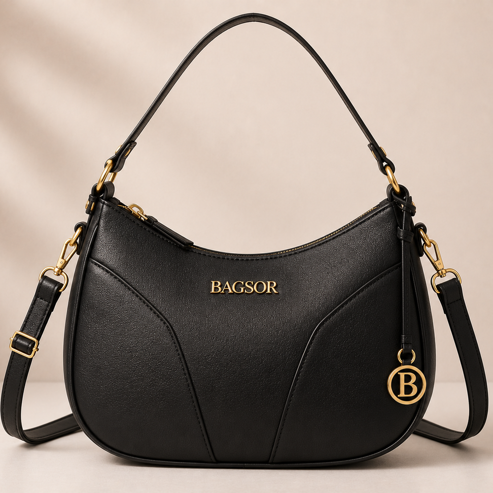 Black Curved Handbag with Gold-Tone Details Bagsor