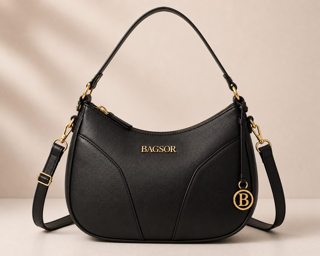 Black Curved Handbag with Gold-Tone Details Bagsor