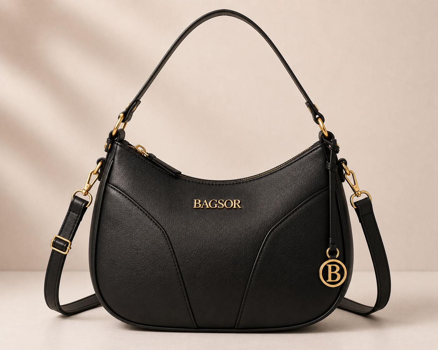 Black Curved Handbag with Gold-Tone Details Bagsor