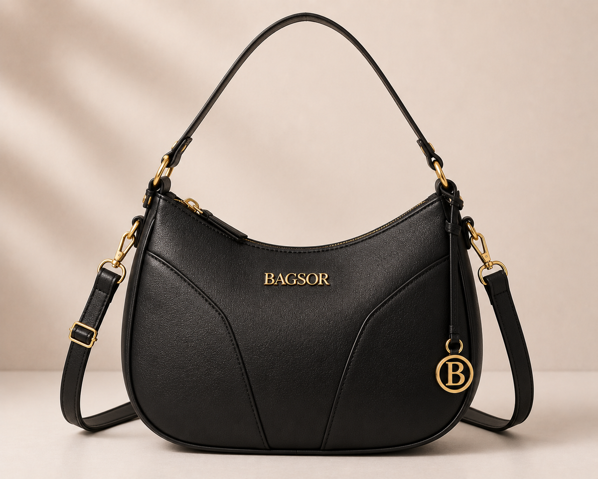 Black Curved Handbag with Gold-Tone Details Bagsor
