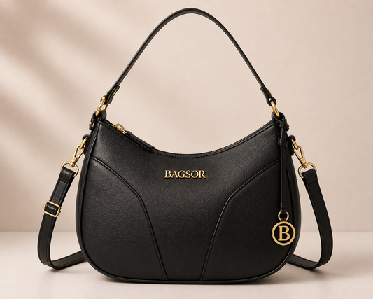 Black Curved Handbag with Gold-Tone Details Bagsor