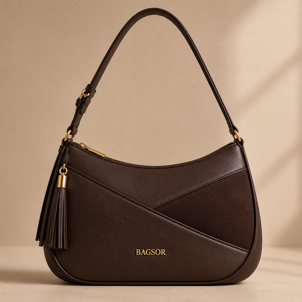 Brown Curved Shoulder Bag with Tassel Detail Bagsor
