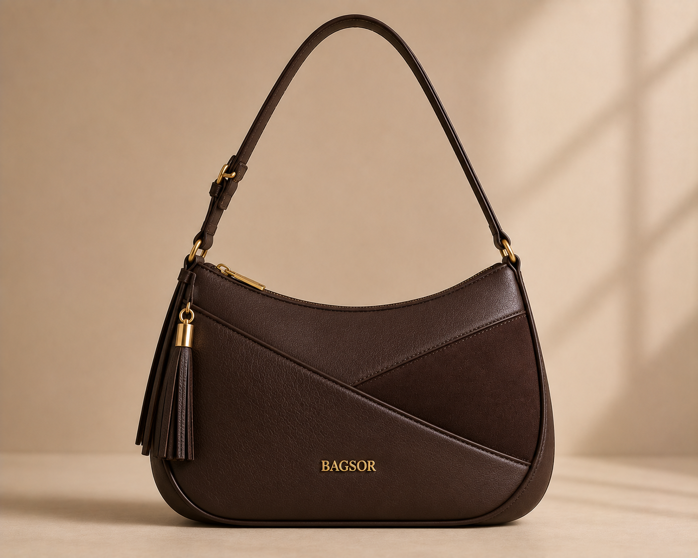 Brown Curved Shoulder Bag with Tassel Detail Bagsor