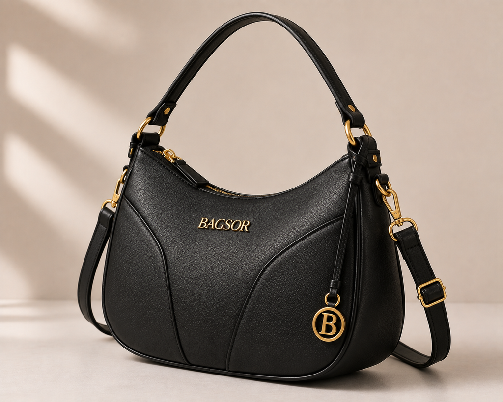 Black Curved Handbag with Gold-Tone Details Bagsor