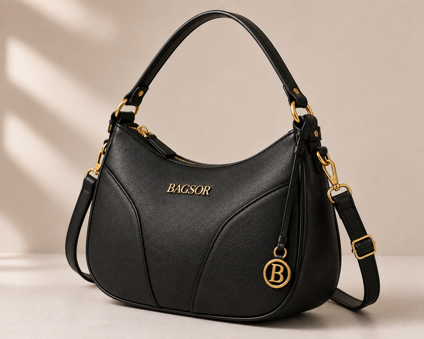 Black Curved Handbag with Gold-Tone Details Bagsor