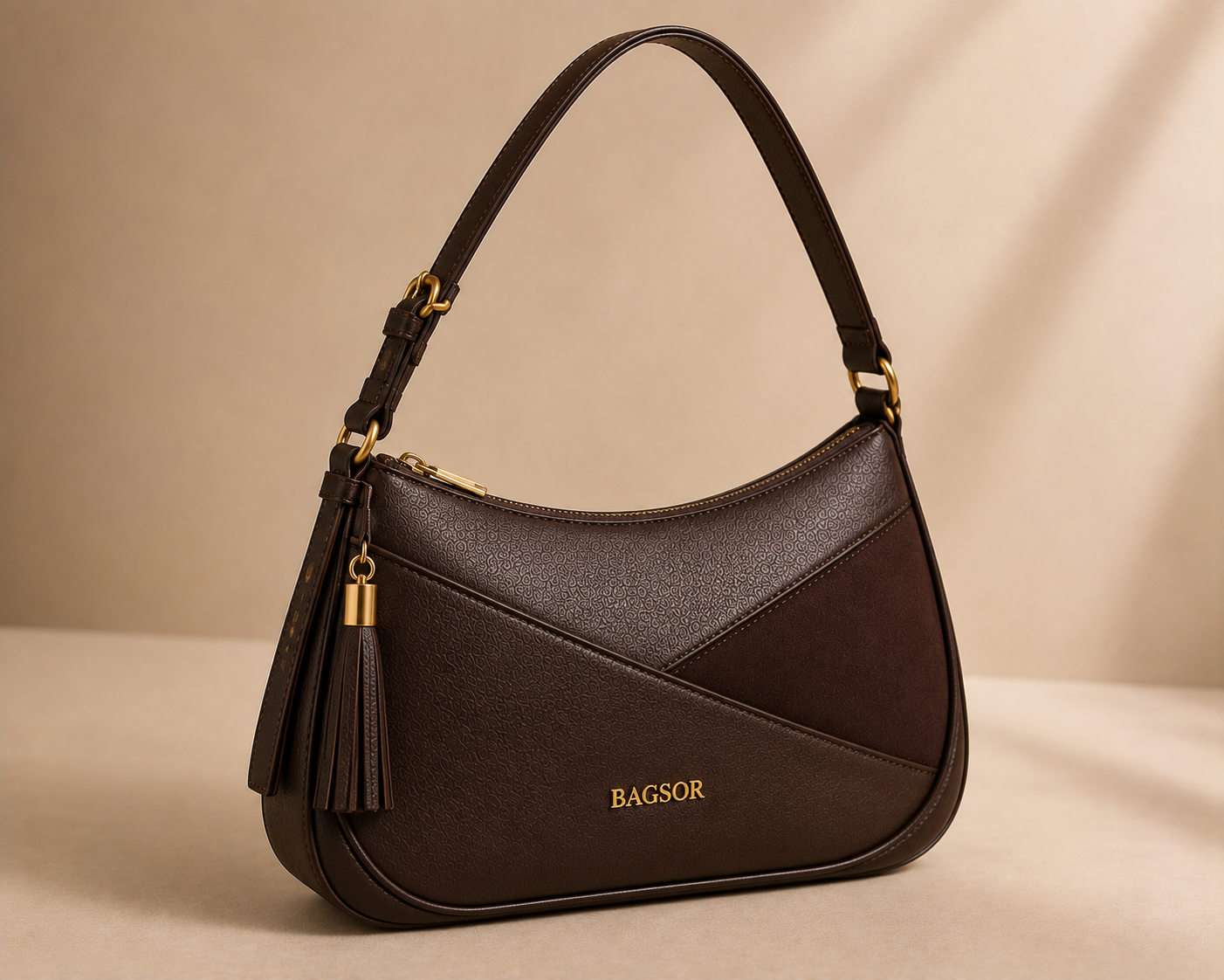 Brown Curved Shoulder Bag with Tassel Detail Bagsor