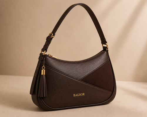 Brown Curved Shoulder Bag with Tassel Detail Bagsor