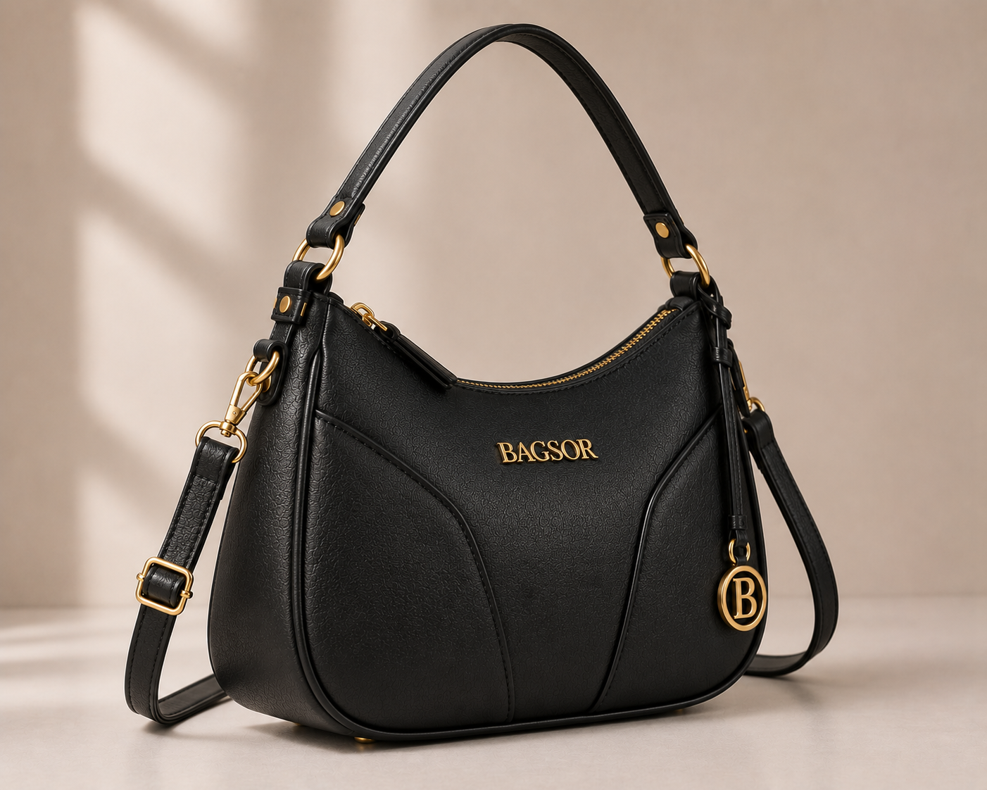 Black Curved Handbag with Gold-Tone Details Bagsor