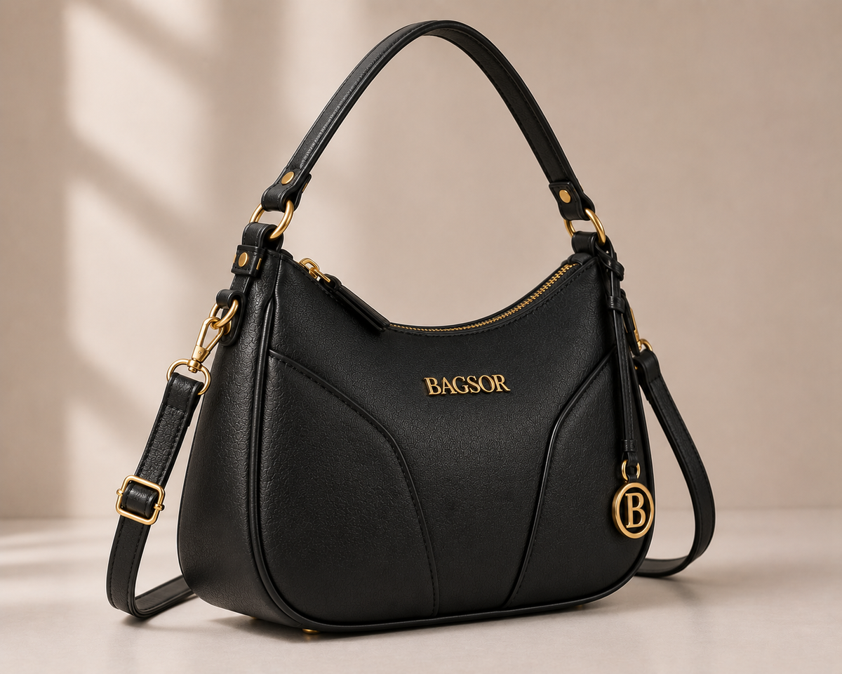Black Curved Handbag with Gold-Tone Details Bagsor
