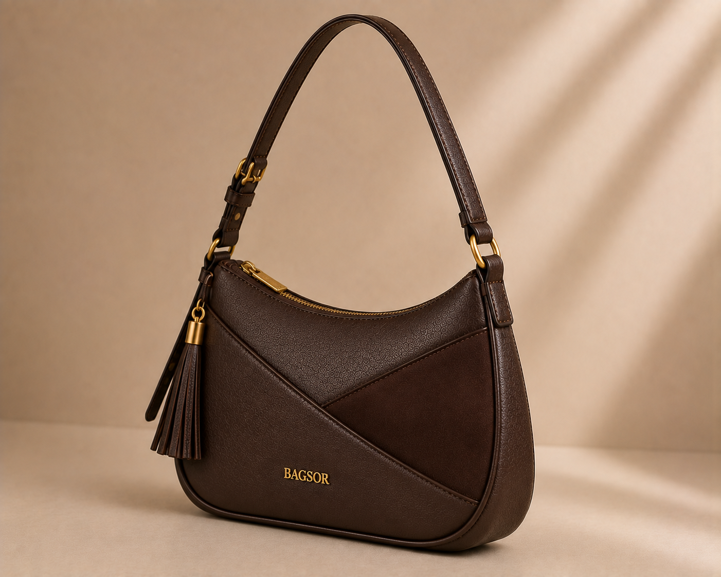 Brown Curved Shoulder Bag with Tassel Detail Bagsor