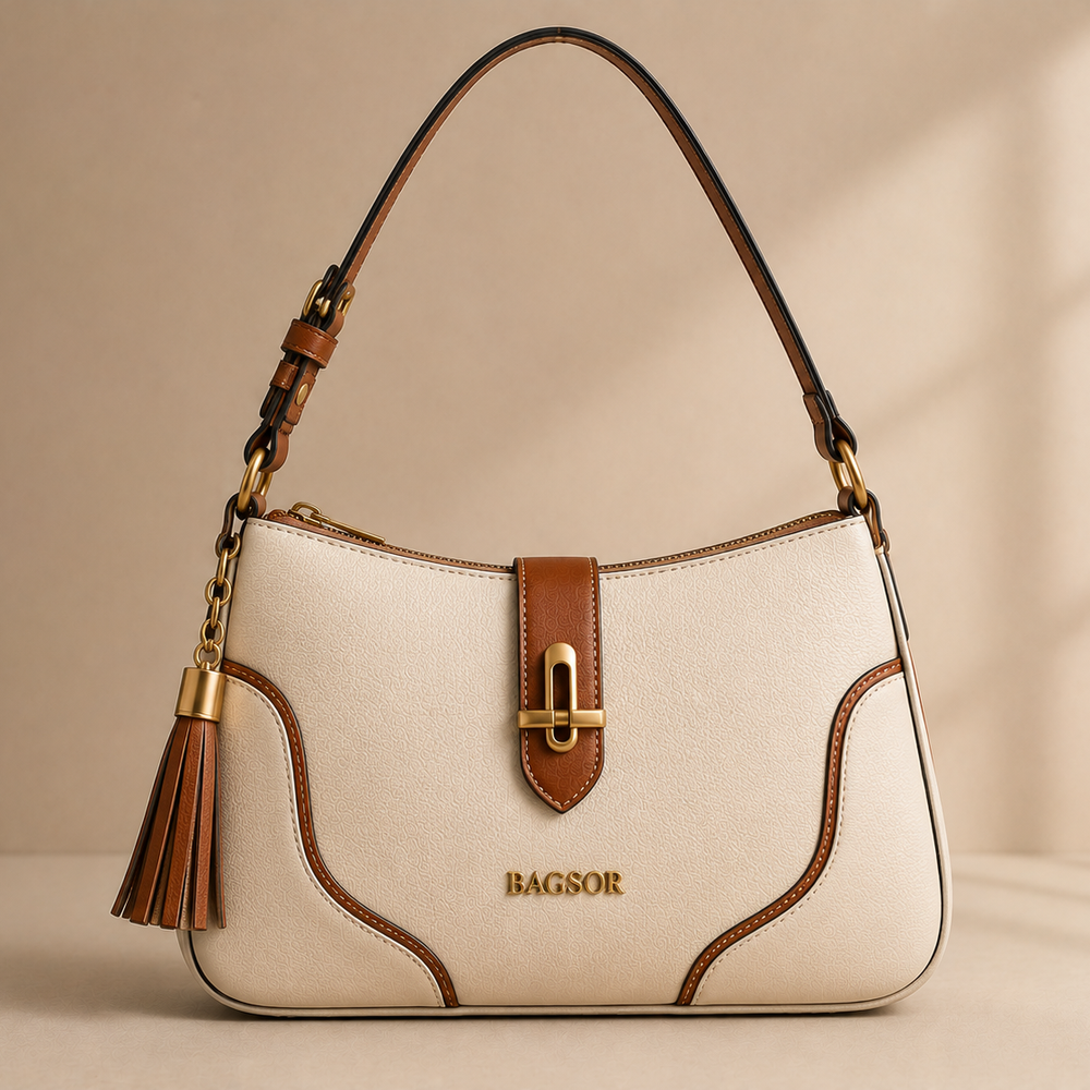 Cream & Tan Two-Tone Shoulder Bag with Tassel Detail Bagsor