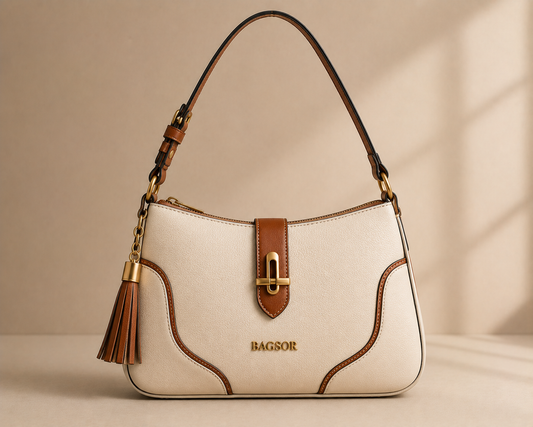 Cream & Tan Two-Tone Shoulder Bag with Tassel Detail Bagsor