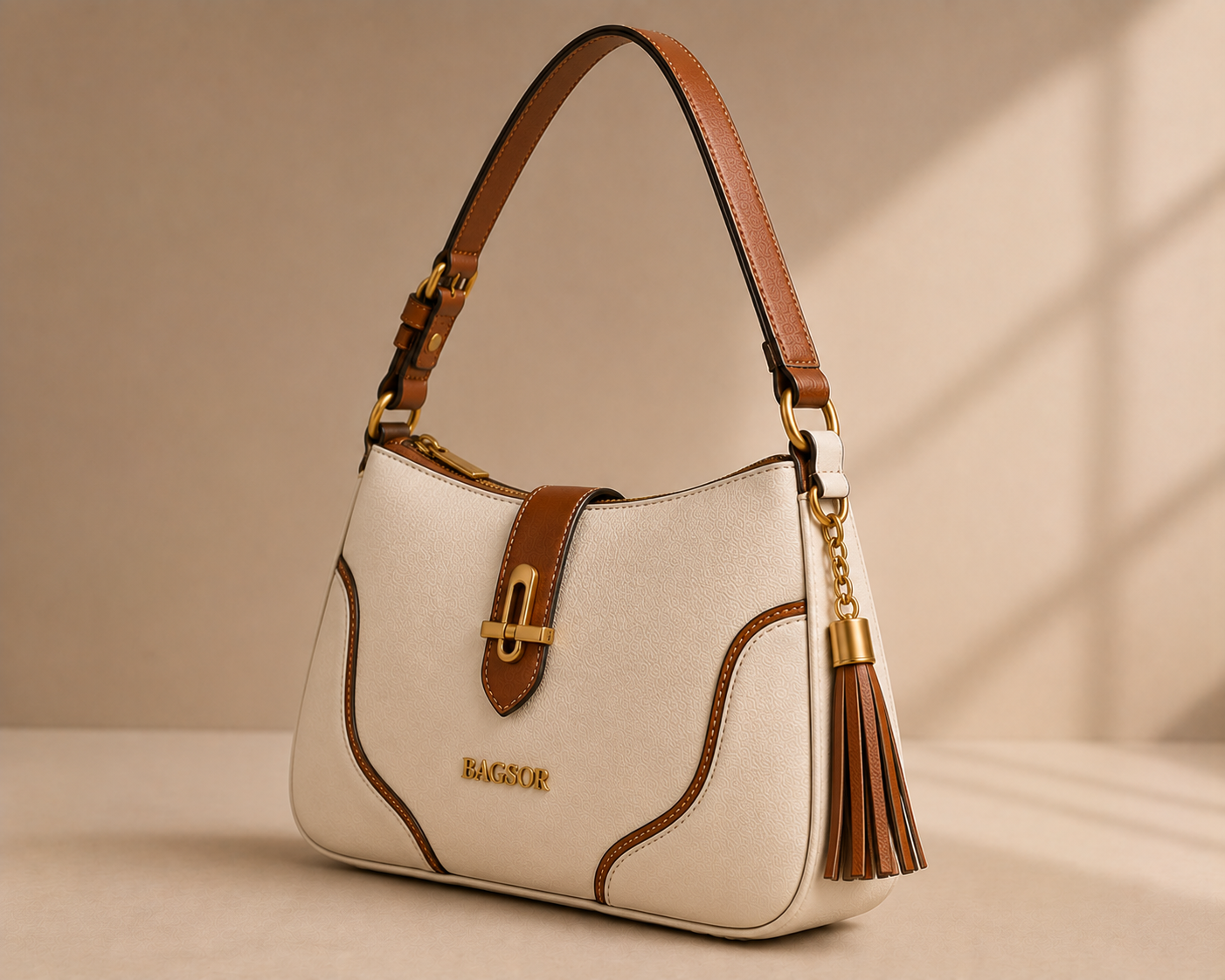 Cream & Tan Two-Tone Shoulder Bag with Tassel Detail Bagsor