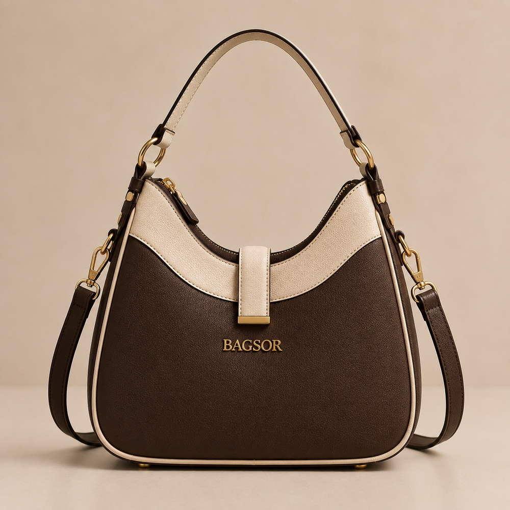 Brown & Cream Two-Tone Handbag with Adjustable Strap Bagsor