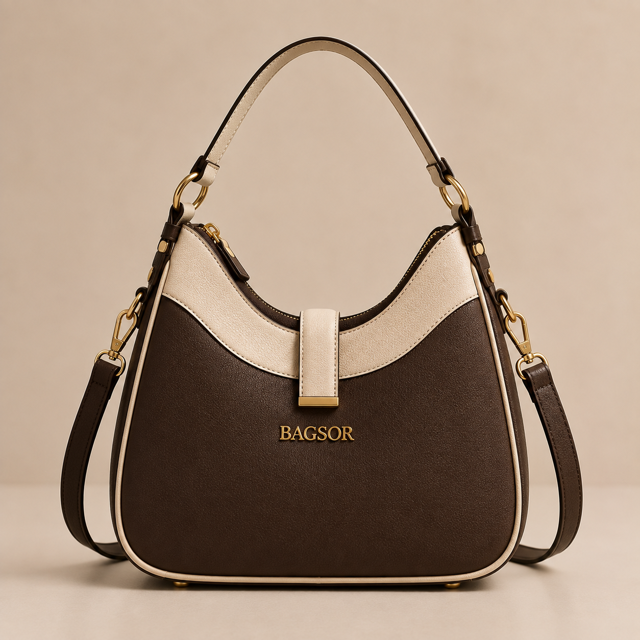 Brown & Cream Two-Tone Handbag with Adjustable Strap Bagsor