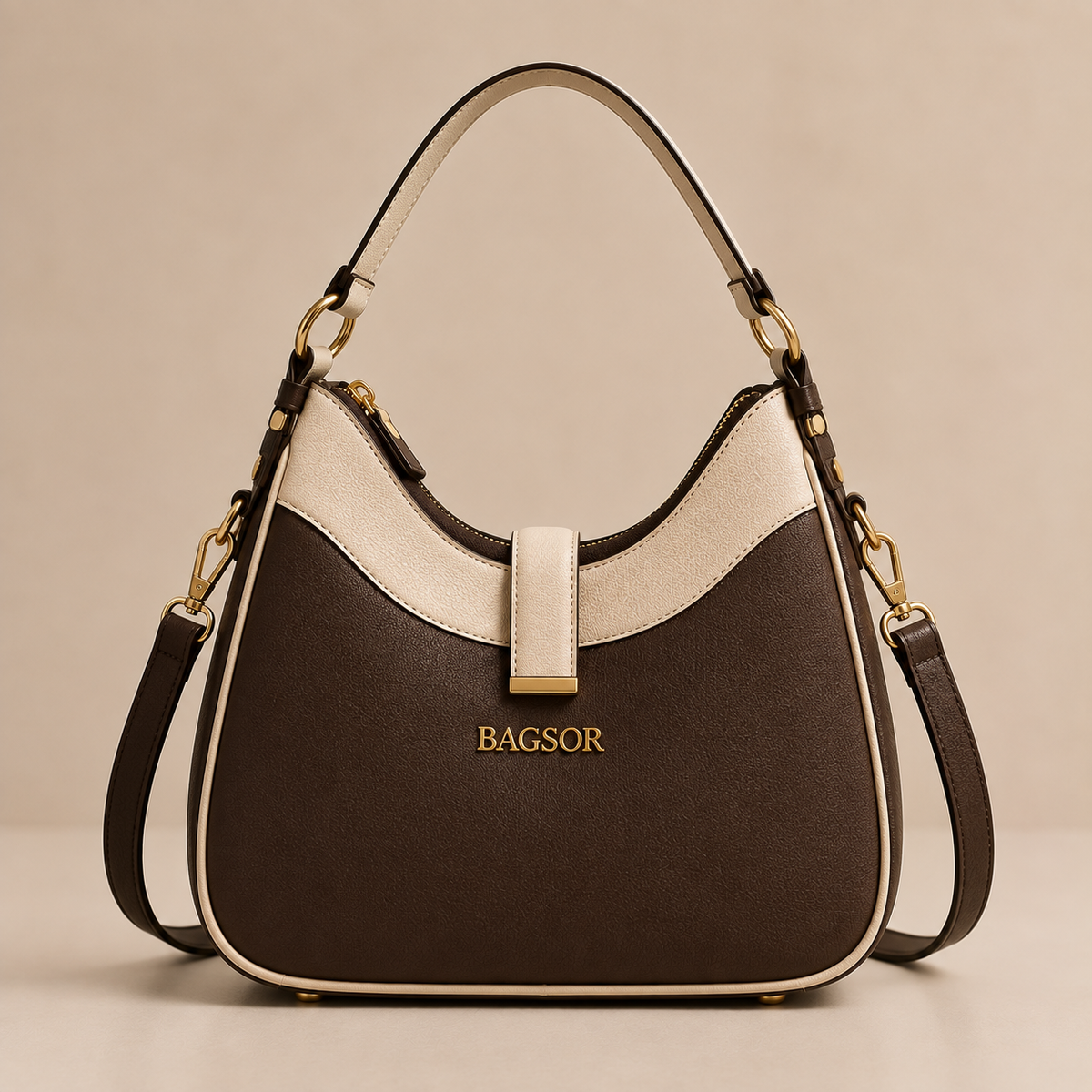 Brown & Cream Two-Tone Handbag with Adjustable Strap Bagsor