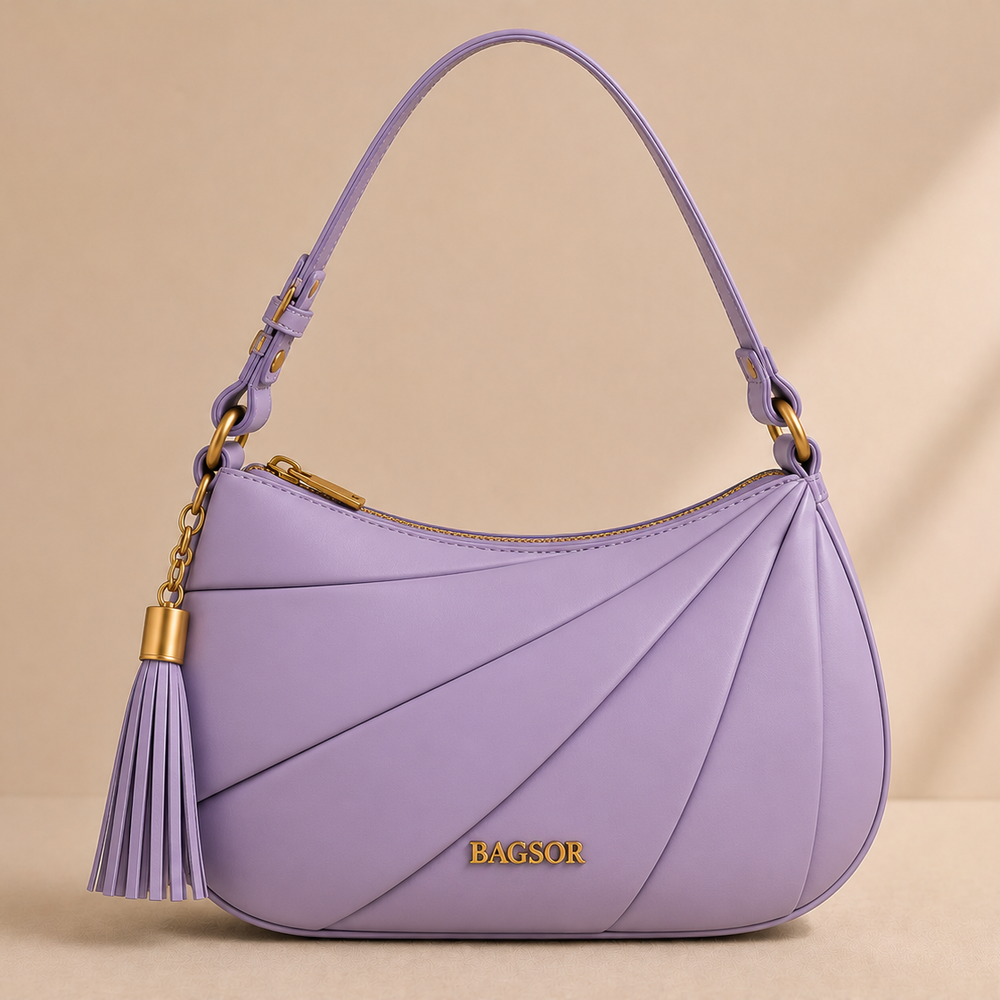 Lavender Curved Shoulder Bag with Pleated Detail Bagsor