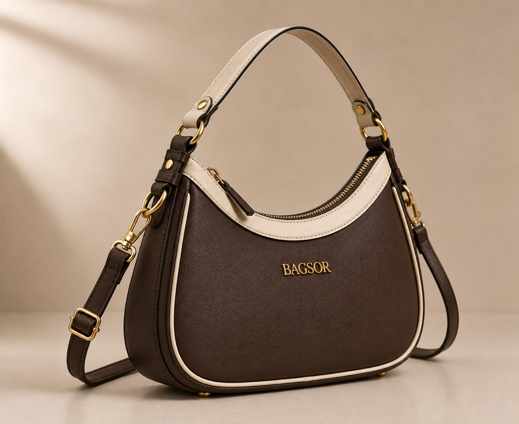 Brown & Cream Two-Tone Handbag with Adjustable Strap Bagsor