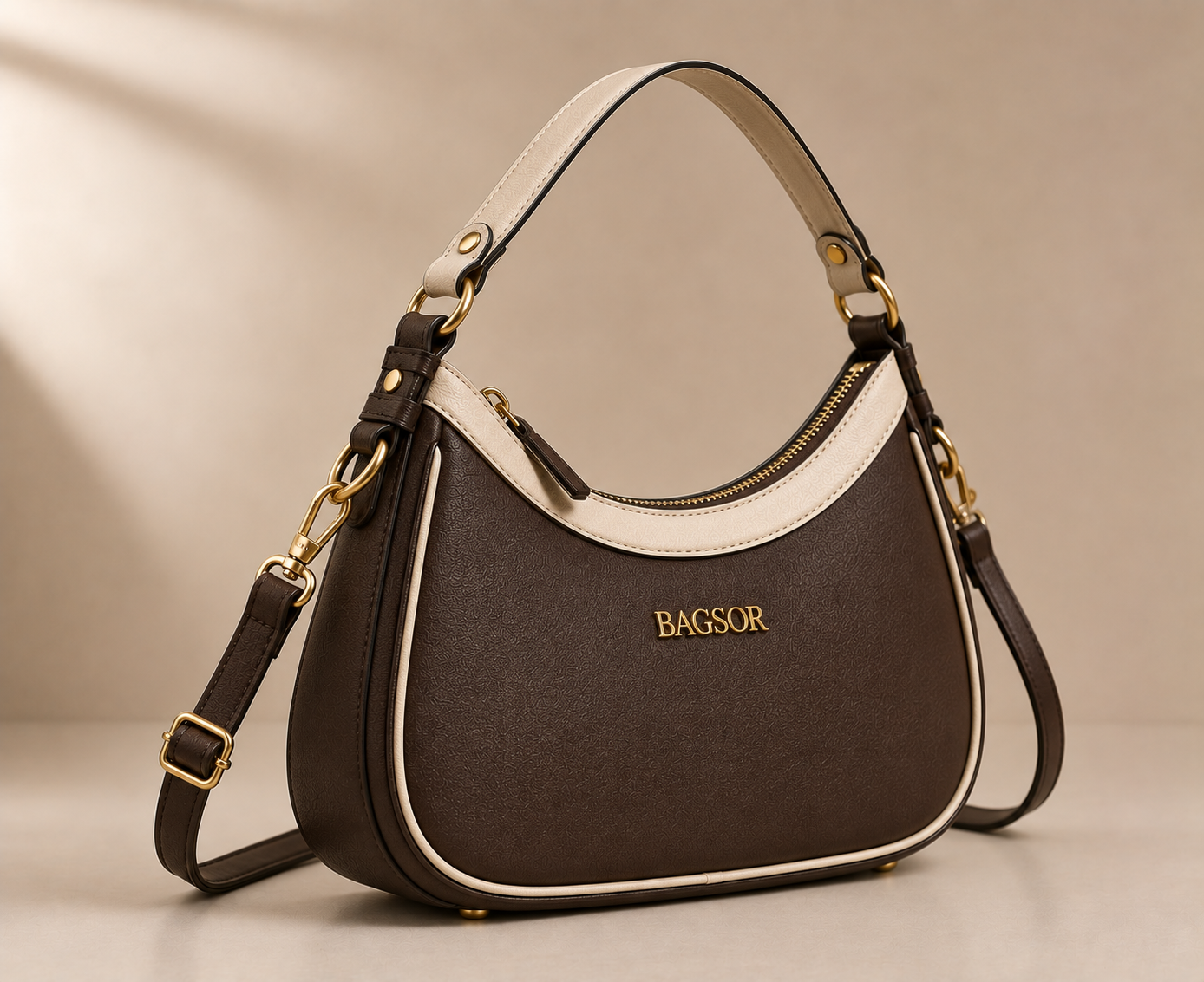 Brown & Cream Two-Tone Handbag with Adjustable Strap Bagsor