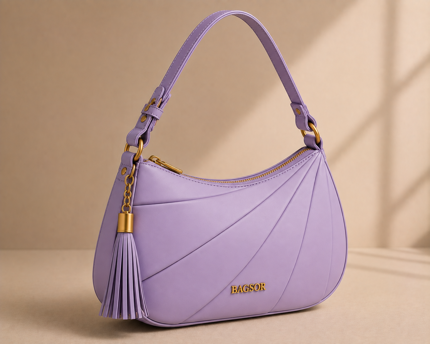 Lavender Curved Shoulder Bag with Pleated Detail Bagsor