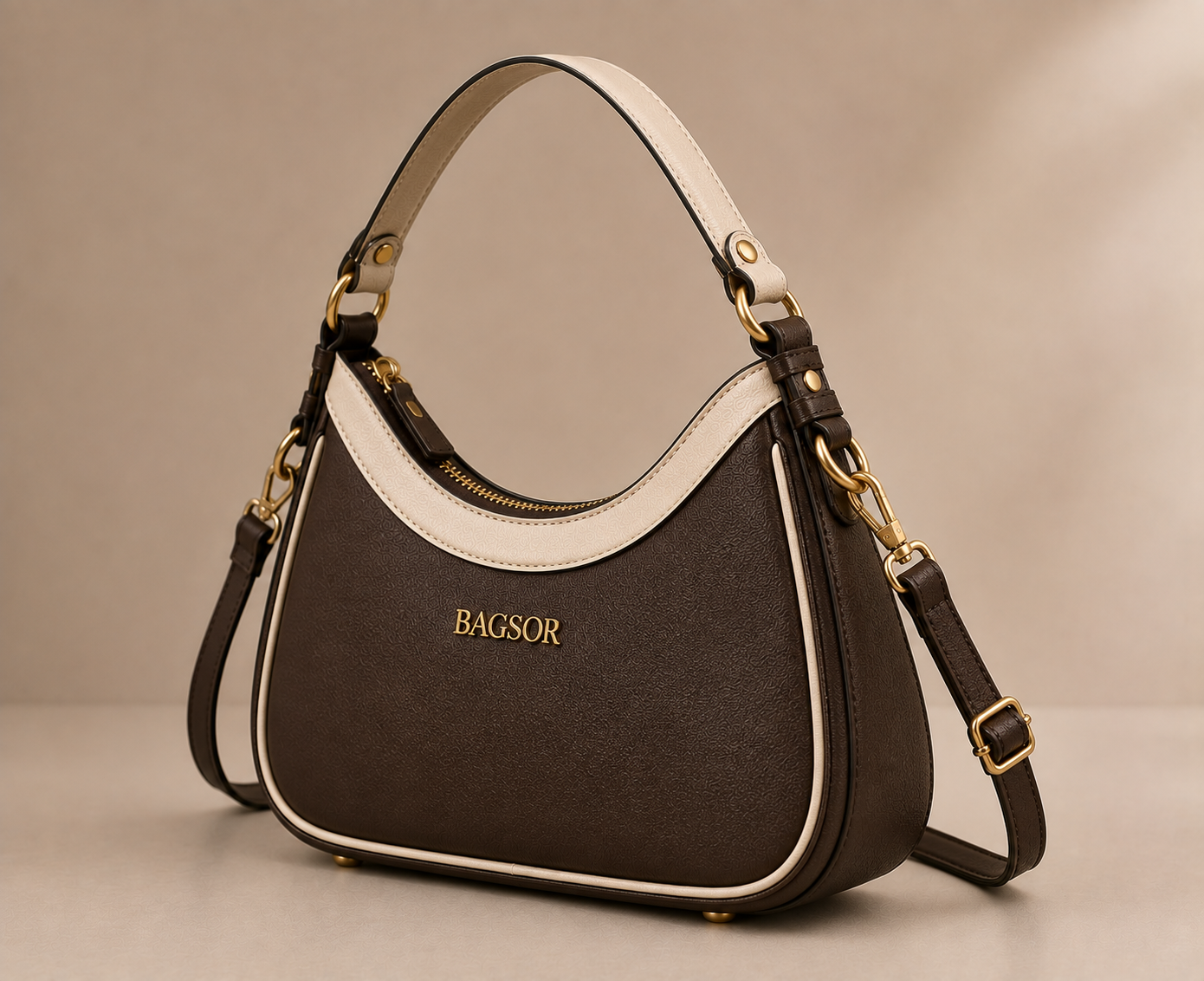 Brown & Cream Two-Tone Handbag with Adjustable Strap Bagsor