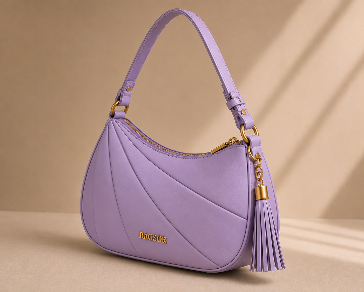 Lavender Curved Shoulder Bag with Pleated Detail Bagsor