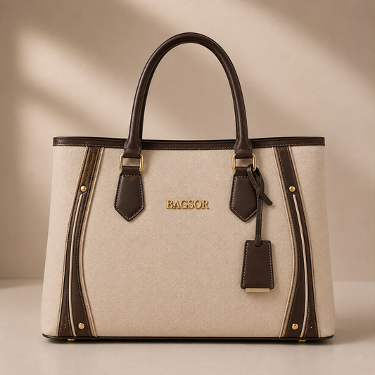 Cream & Brown Structured Handbag with Double Handles Bagsor