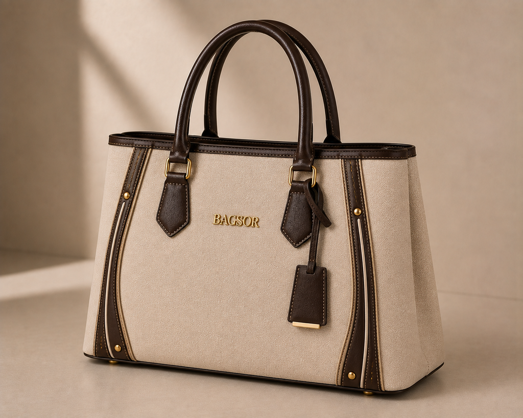 Cream & Brown Structured Handbag with Double Handles Bagsor