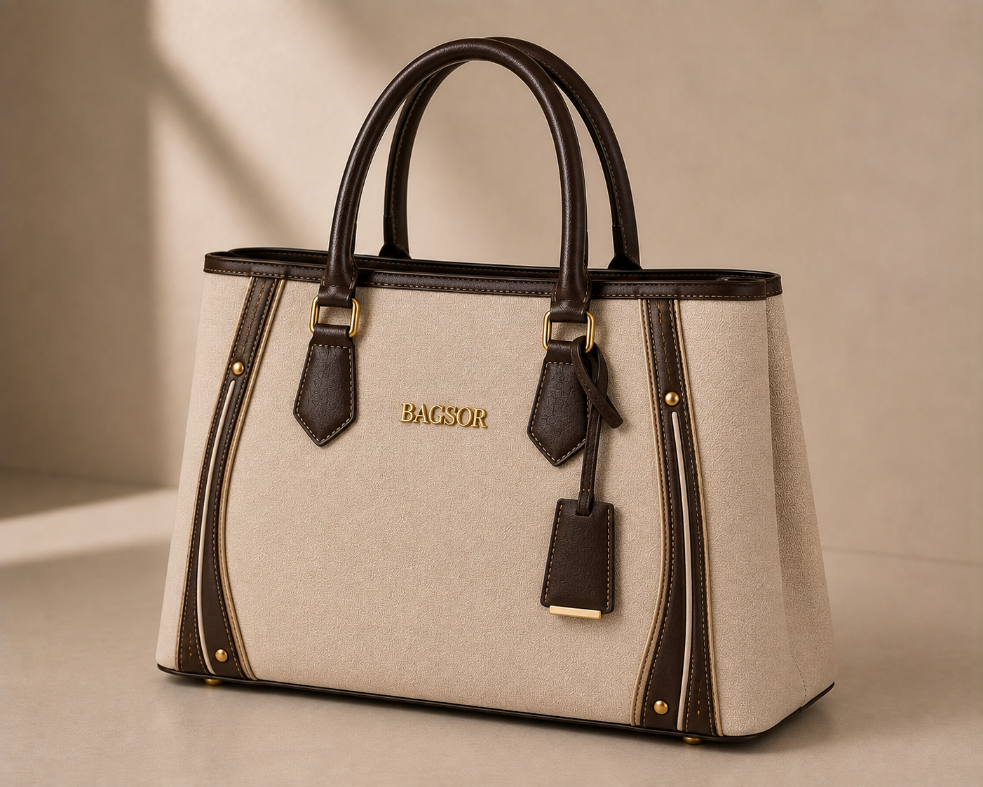 Cream & Brown Structured Handbag with Double Handles Bagsor